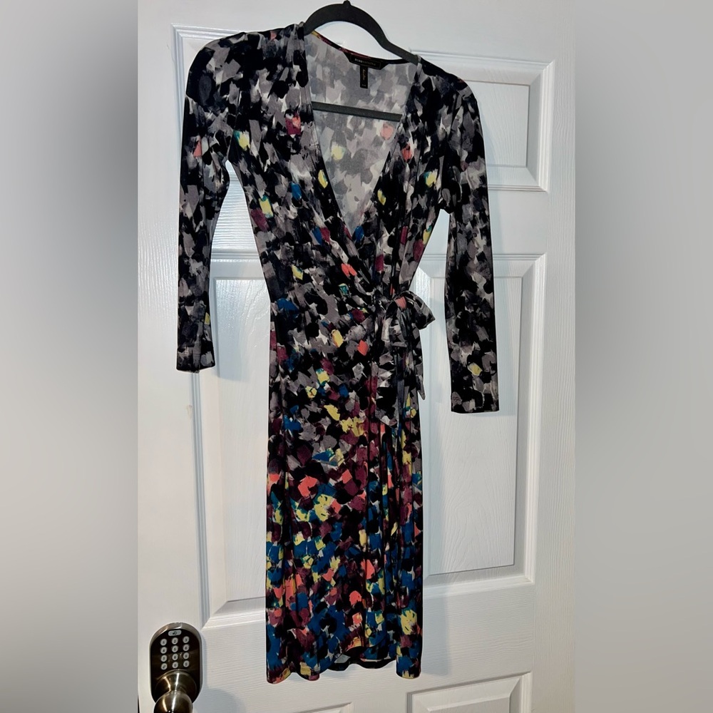 BCBGMaxAzria Blue and Burgundy V-Neck Wrap Dress